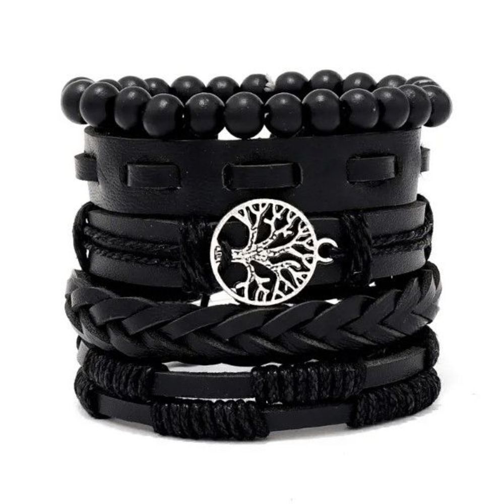 Tree of Life Hand Braided Leather Bead Unisex Bracelets - 5 Piece Set